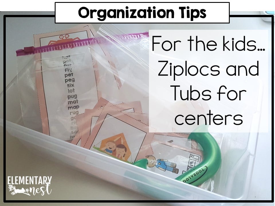 Organizing reading and writing materials for your ELA block. Using Ziplocs and tubs.
