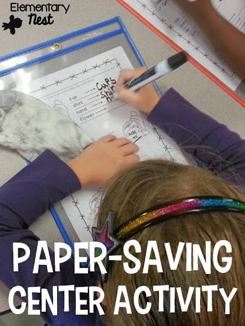 Using dry erase pockets for paper-saving center activities- a new staple in the classroom to save paper and engage students