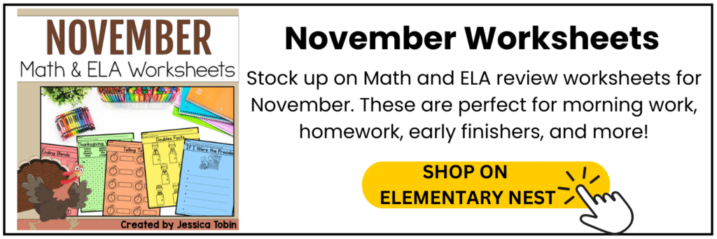 thanksgiving and november worksheets for math and ela review