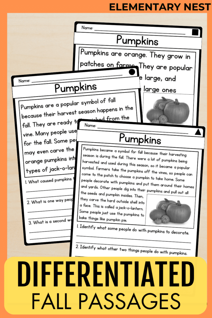 October Lesson Plan Themes and October Teaching Resources fall differentiated reading passages