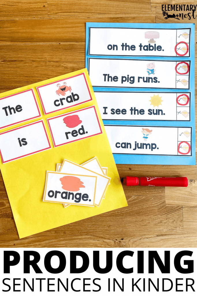 Kindergarten sentence activity where students build sentences with word cards.