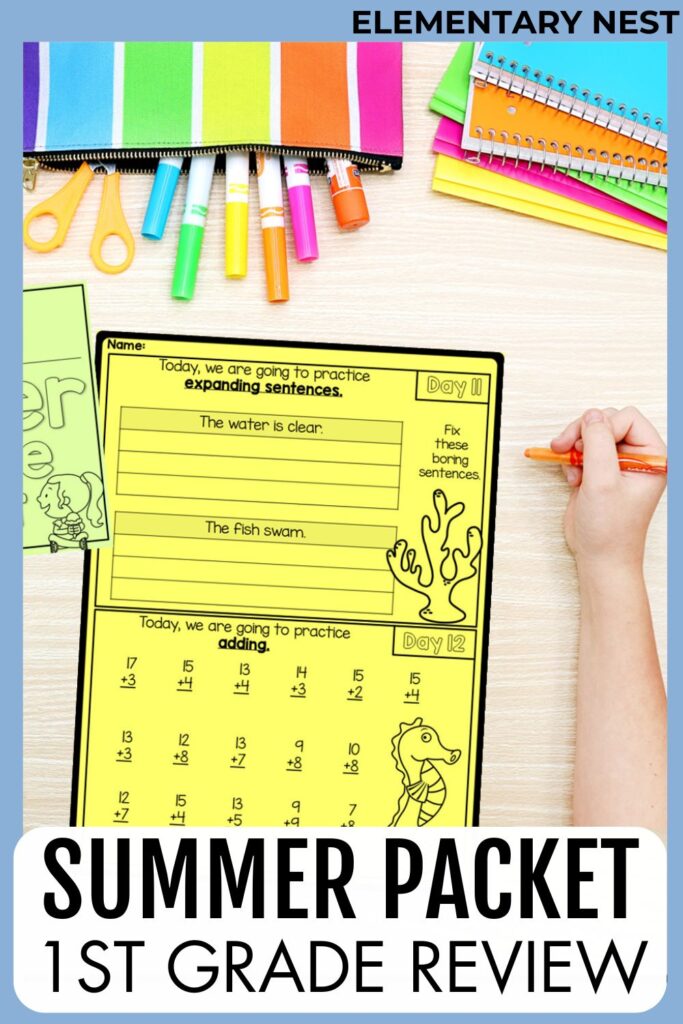 Student working on a yellow worksheet about expanding sentences and addition, titled “Summer Packet 1st Grade Review”