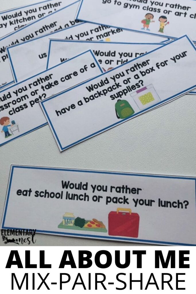 Several “Would You Rather” cards laid out on a desk with school-themed questions like lunch choices and class preferences