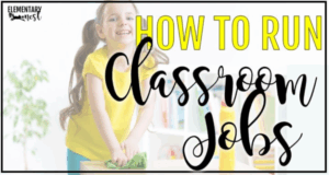 A smiling elementary-aged girl in a yellow shirt cleaning a classroom table, promoting the concept of student jobs