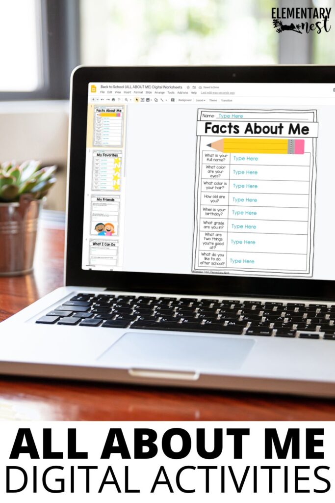 A laptop screen showing a digital All About Me worksheet in Google Slides format.
