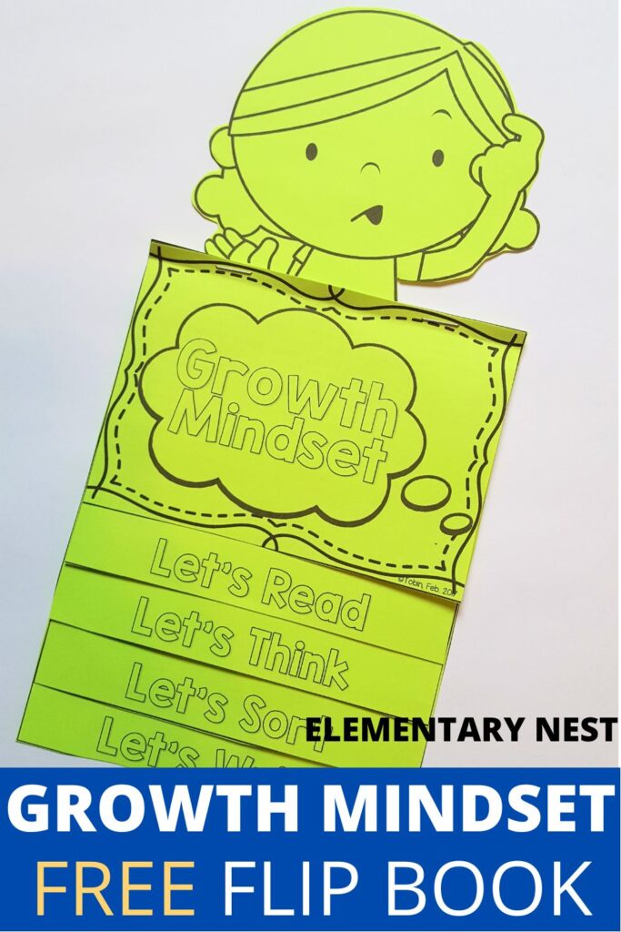 A green student flip book titled “Growth Mindset” with tabs labeled Let’s Read, Let’s Think, Let’s Sort, and Let’s Write.