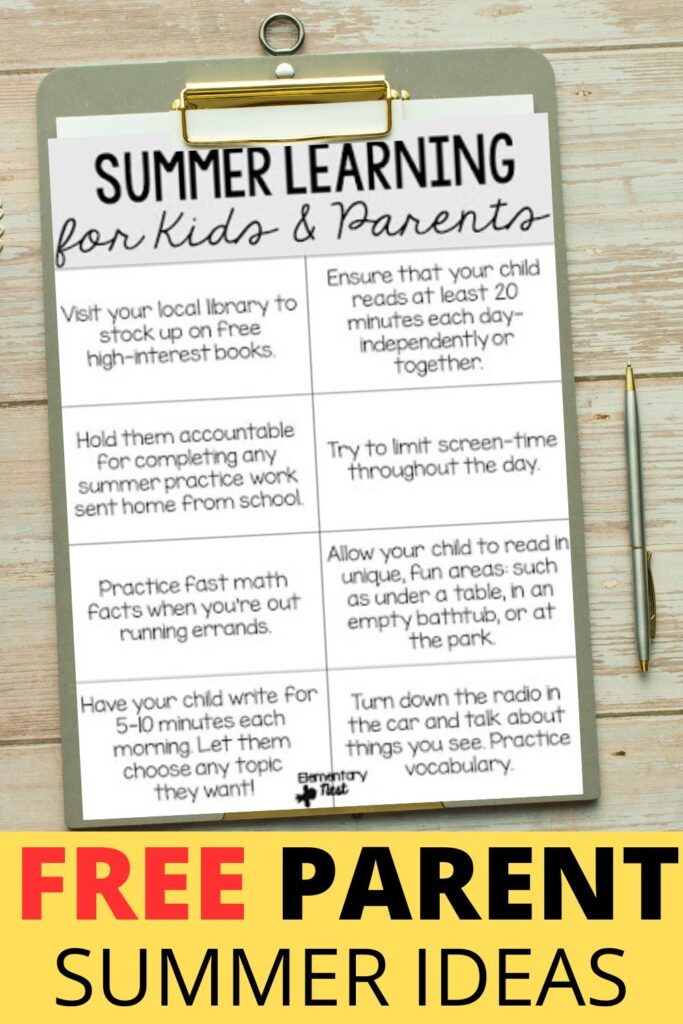 A printable checklist for parents with simple summer learning ideas, placed on a clipboard with a pen on a wooden surface.