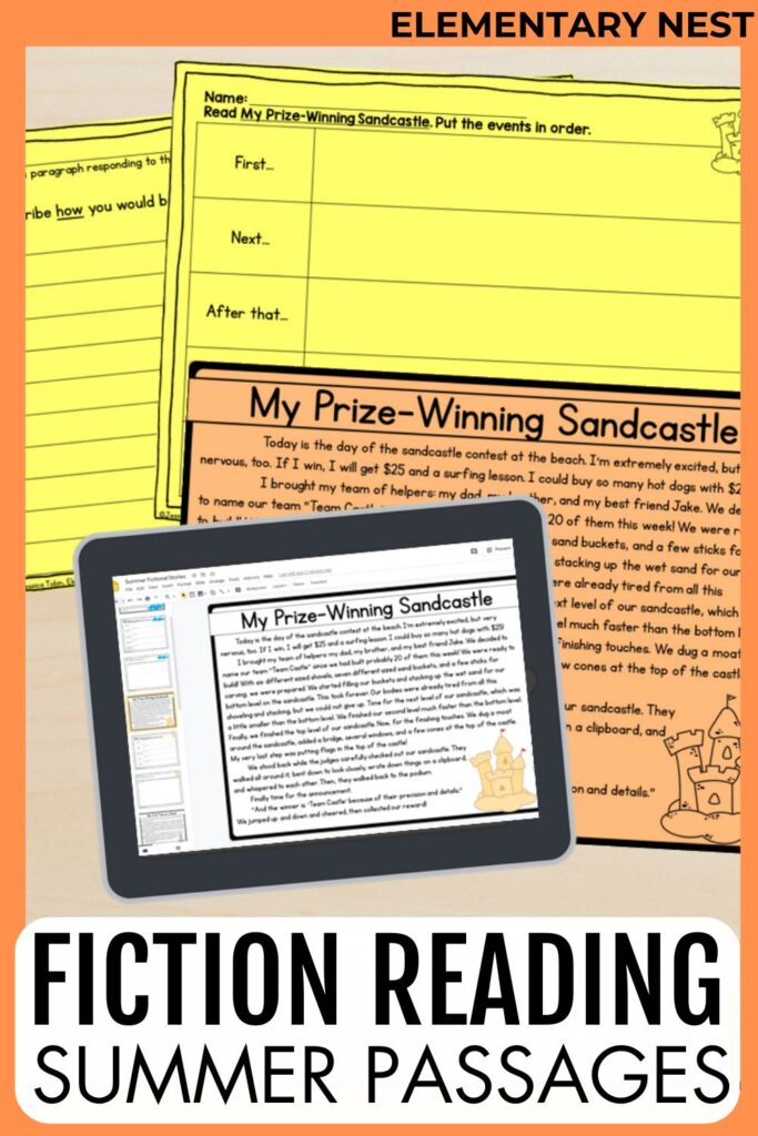 Summer-themed reading comprehension story with a sandcastle contest and graphic organizer, titled “Fiction Reading Summer Passages”