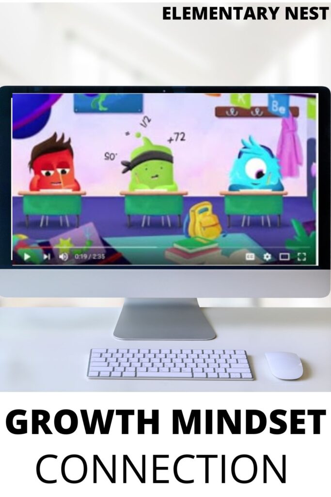 A computer screen showing a video with animated characters, used for teaching growth mindset through classroom technology