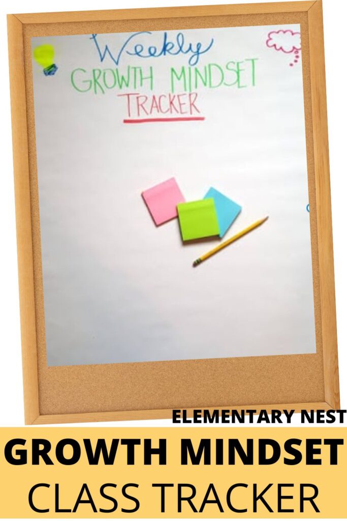 A bulletin board with a chart titled "Weekly Growth Mindset Tracker" and sticky notes for student contributions.