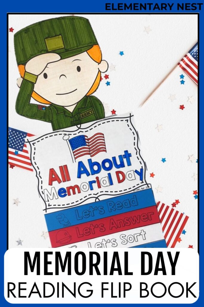 Student-created flip book with a child in military uniform holding a Memorial Day-themed reading flip book