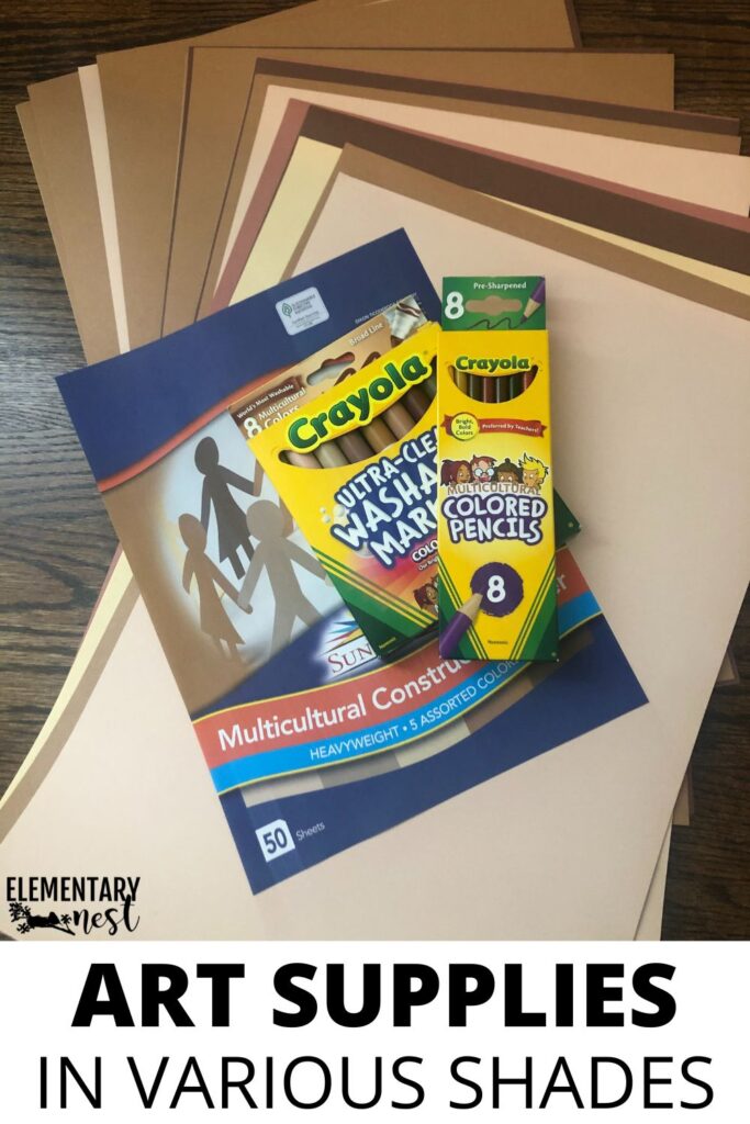 Create a Welcoming Classroom Community Environment in 7 Easy Steps Packs of Crayola multicultural crayons, colored pencils, and construction paper in various skin tones.