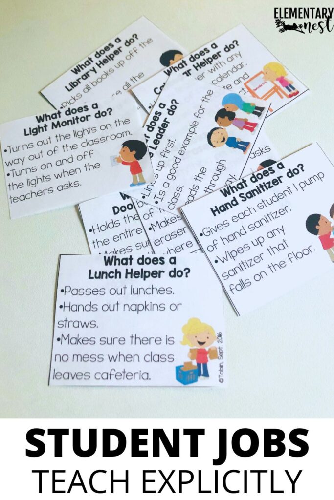 How to Easily Run Classroom Jobs with your Students Small job explanation cards describing student responsibilities for each classroom job