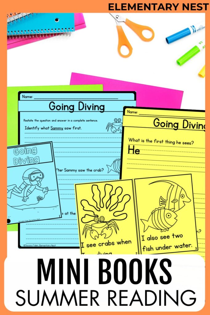 Fold-and-go mini books and comprehension pages about “Going Diving,” featuring summer-themed illustrations and questions