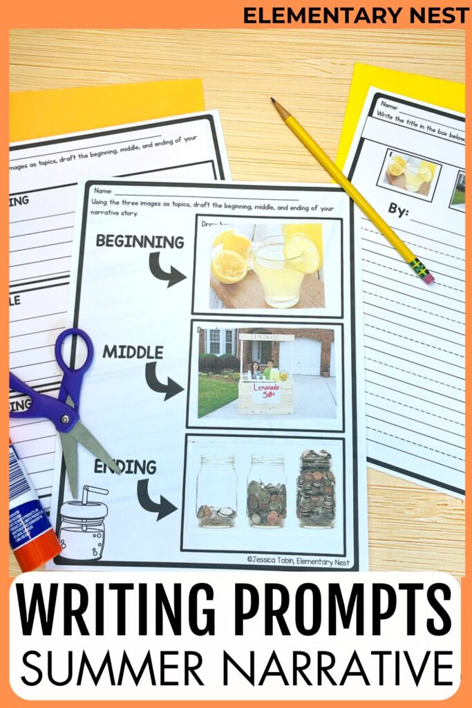 Narrative writing summer worksheet showing a lemonade stand sequence (beginning, middle, end) with supporting writing pages