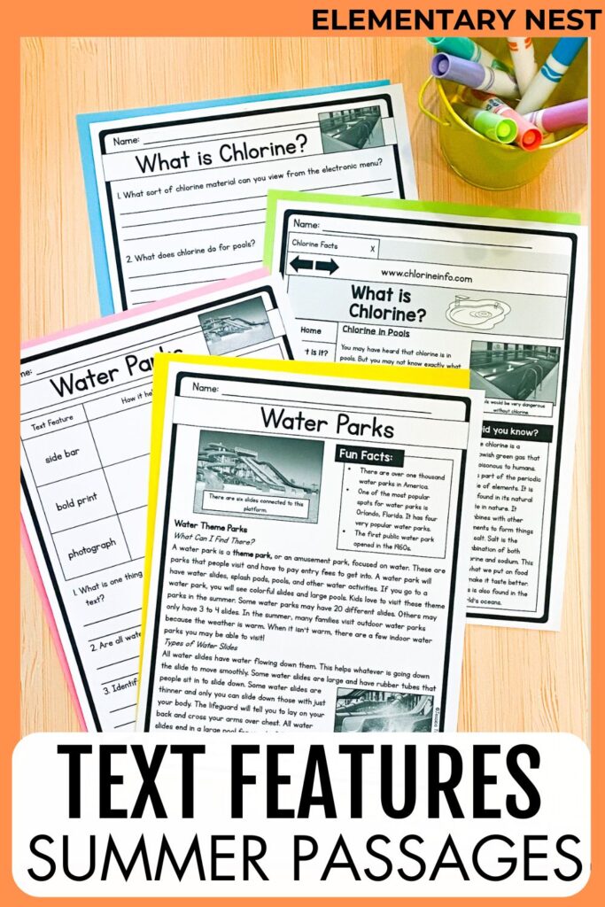 Summer-themed reading comprehension worksheets focused on nonfiction text features, including articles about water parks and chlorine