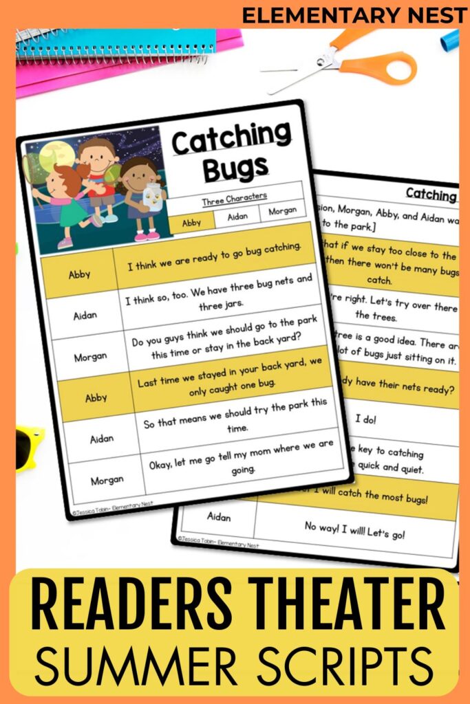 Colorful printable Readers Theater script titled "Catching Bugs" with character dialogue and classroom supplies