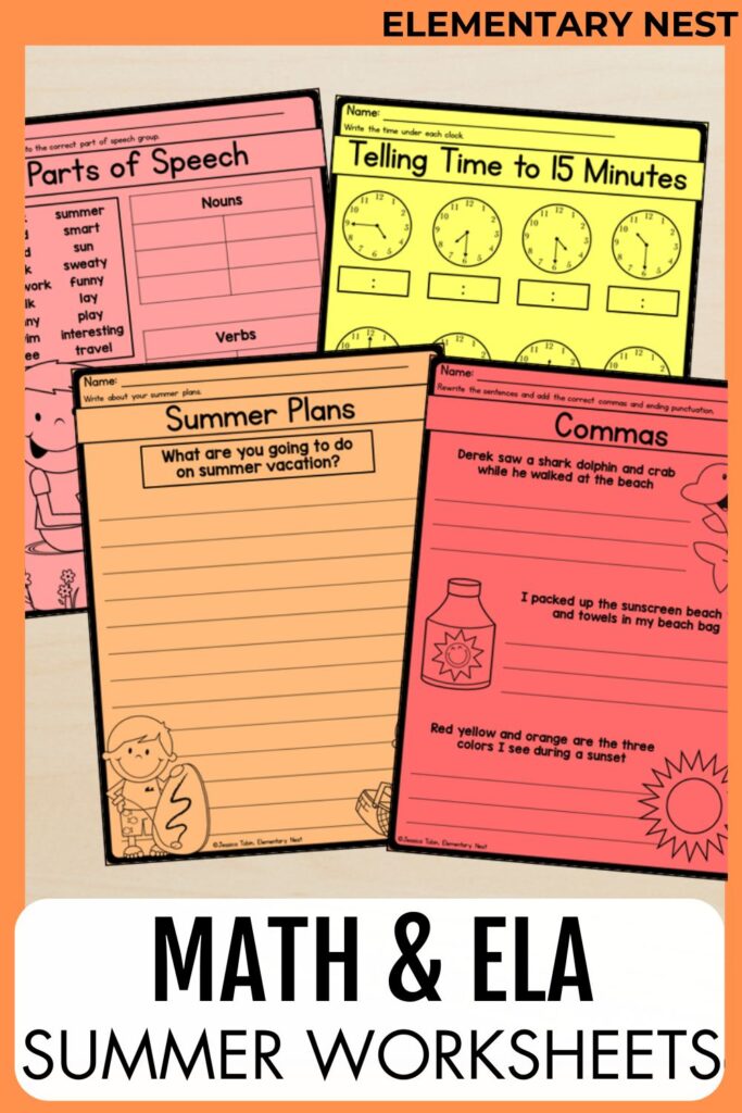 Colorful summer worksheets for grammar, writing, and telling time practice labeled “Math & ELA Summer Worksheets”