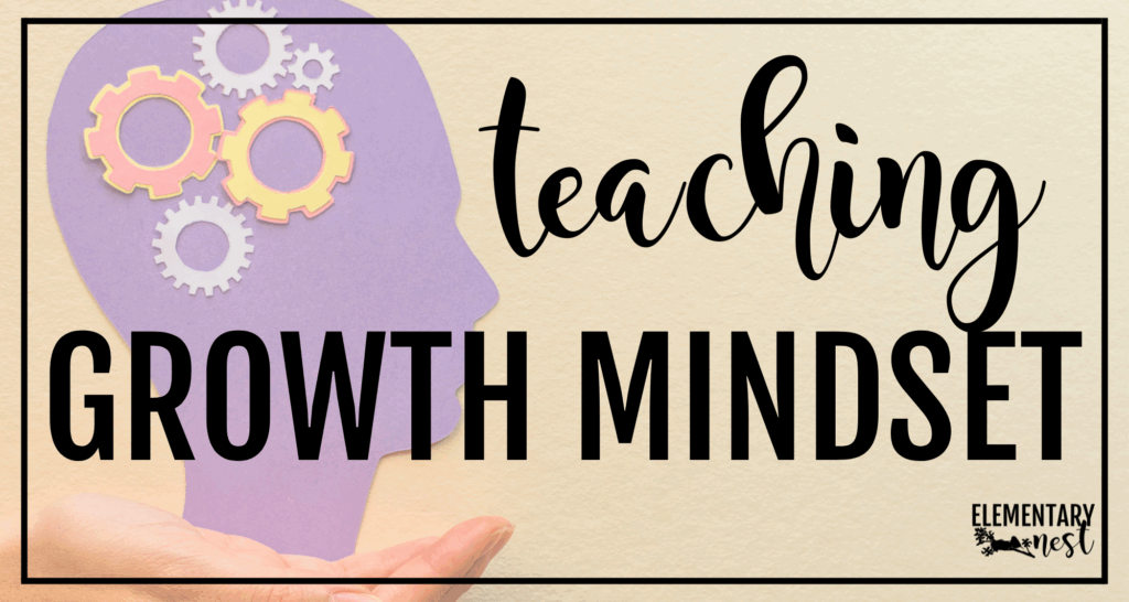 A purple silhouette of a head with colorful gears representing thoughts, with the text "Teaching Growth Mindset."