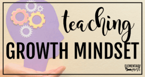 A purple silhouette of a head with colorful gears representing thoughts, with the text "Teaching Growth Mindset."