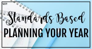 A spiral calendar and pen on a light blue background with the words "Standards Based Planning Your Year"