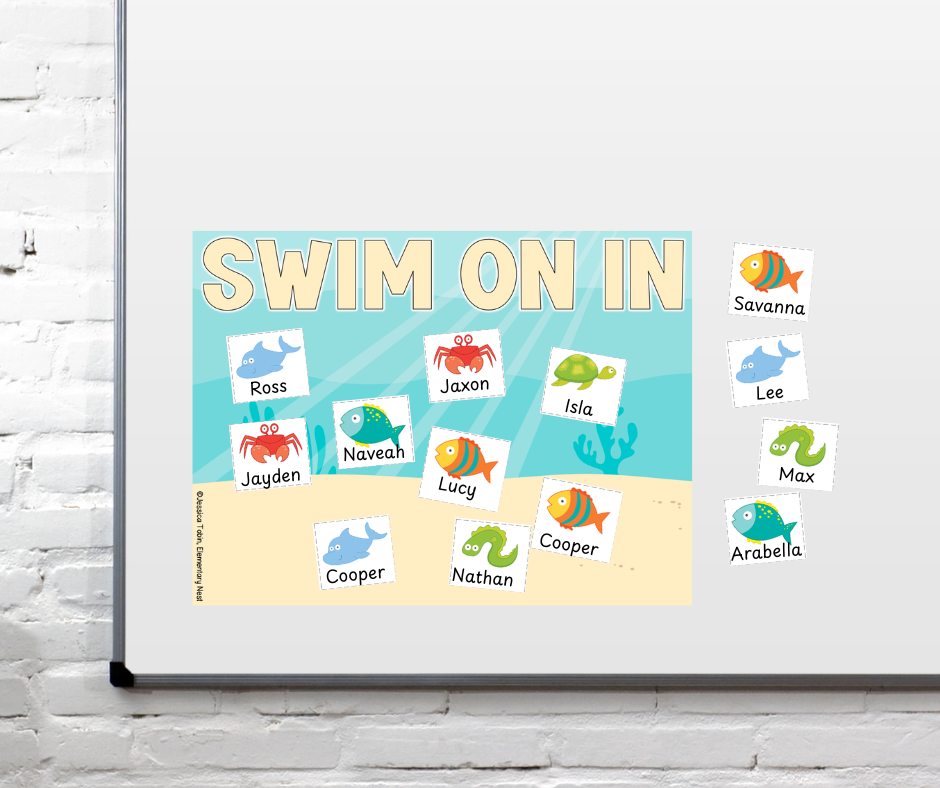 Ocean animal name pieces on a 'swim on in' Ocean Themed Attendance Check In Chart to show students checking in to their classroom as classroom morning routines.