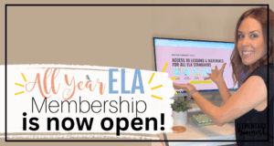 Image of teacher showing computer screen with text 'all year ela membership now open'