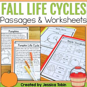 Cover image for Apple and Pumpkin Life Cycle worksheets and passages unit.