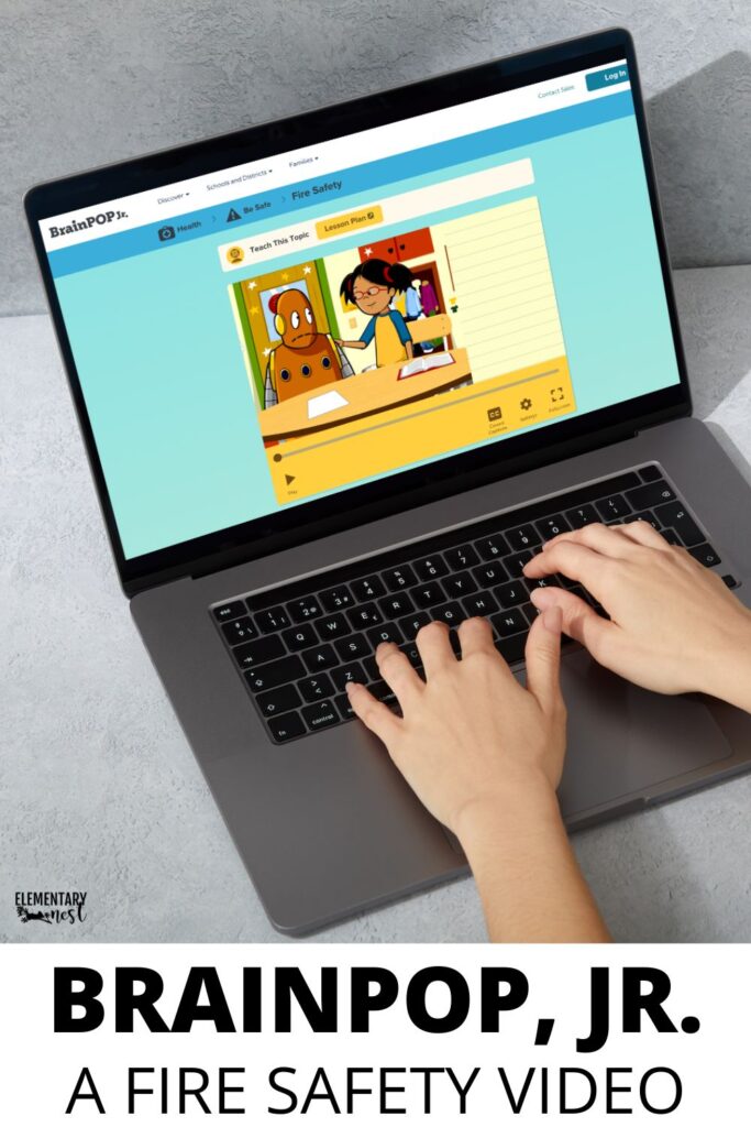 BrainPOP Jr. fire safety video lesson on laptop screen for teaching kids.