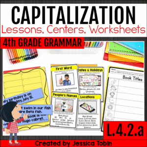 4th grade capitalization worksheets and grammar lessons for titles, people’s names, places, and holidays.
