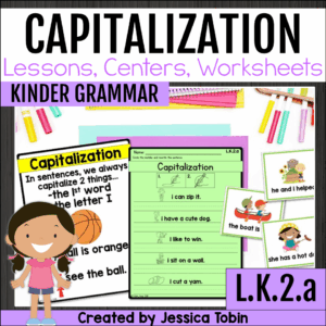 Kindergarten capitalization worksheets and grammar activities teaching students to capitalize the first word in a sentence and the letter I.