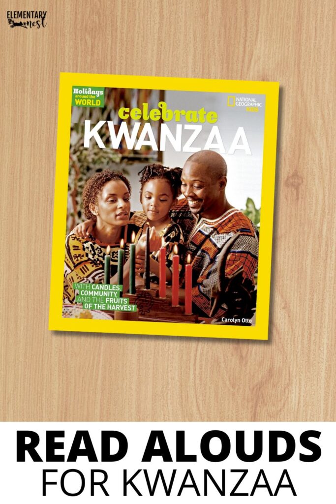 Celebrate Kwanzaa book cover showing a family lighting candles in a kinara, part of Holidays Around the World series.