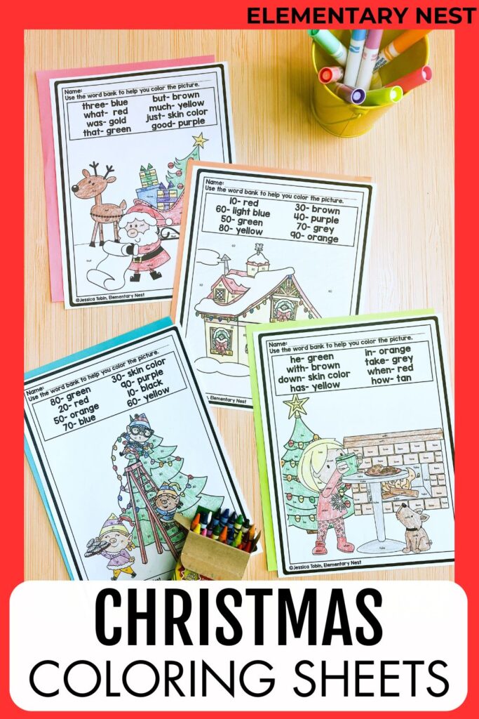 Christmas-themed coloring pages with sight words and vocabulary for elementary students.