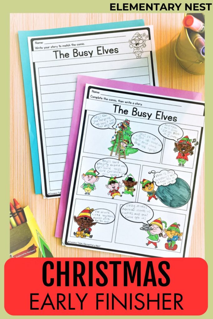 Christmas-themed early finisher activities with comics and writing prompts.