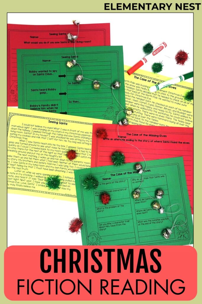 Christmas fiction reading passages and comprehension questions for elementary students.