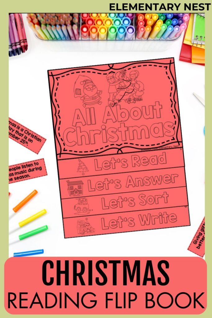 Christmas reading flip book with comprehension, sorting, and writing activities.
