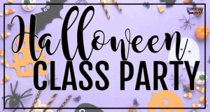 Colorful flat lay with Halloween crafts, candy corn, pumpkins, and text reading “Halloween Class Party.
