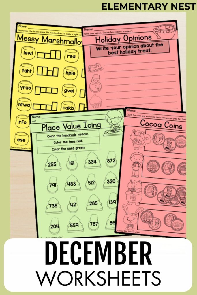 December math and ELA worksheets with holiday-themed activities for elementary grades.