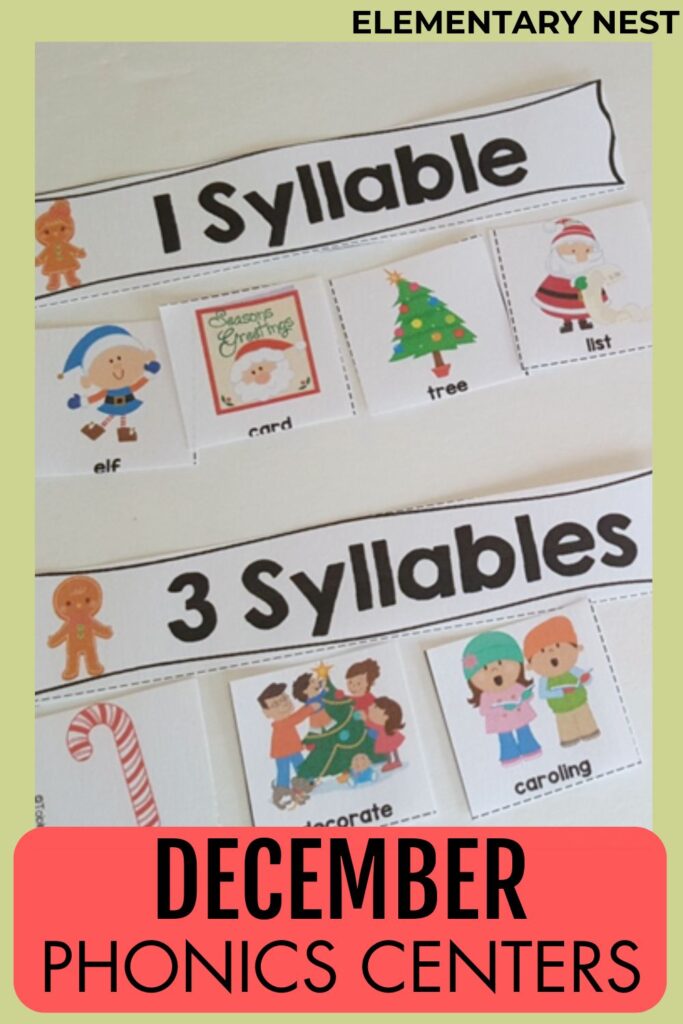 Christmas phonics center activities focusing on syllables and word practice.