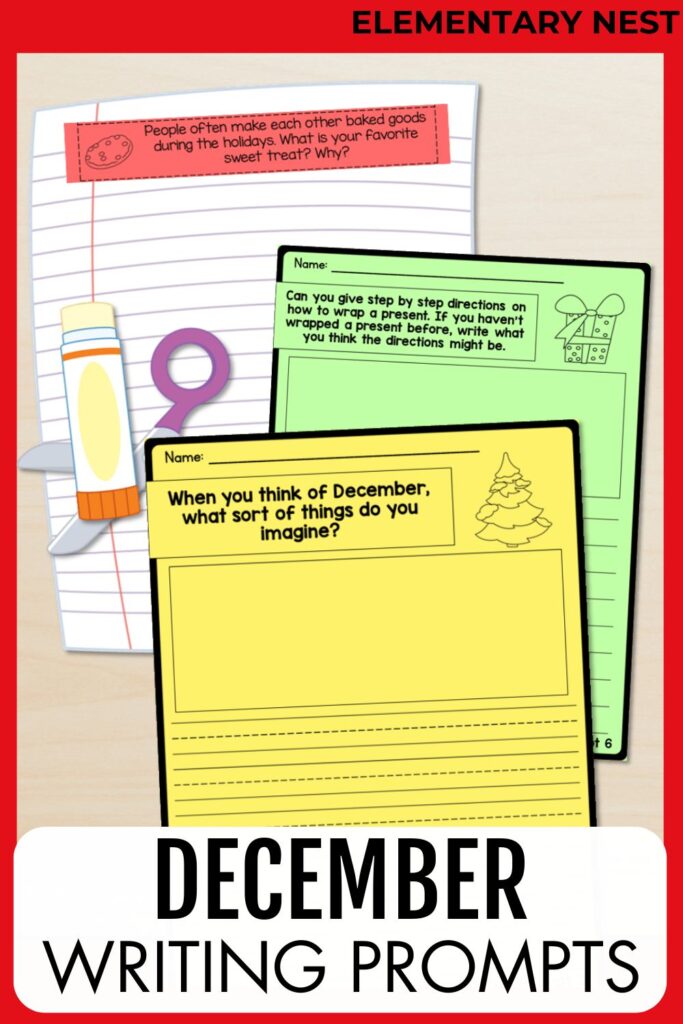 December writing prompts for elementary students with creative holiday and winter-themed activities.