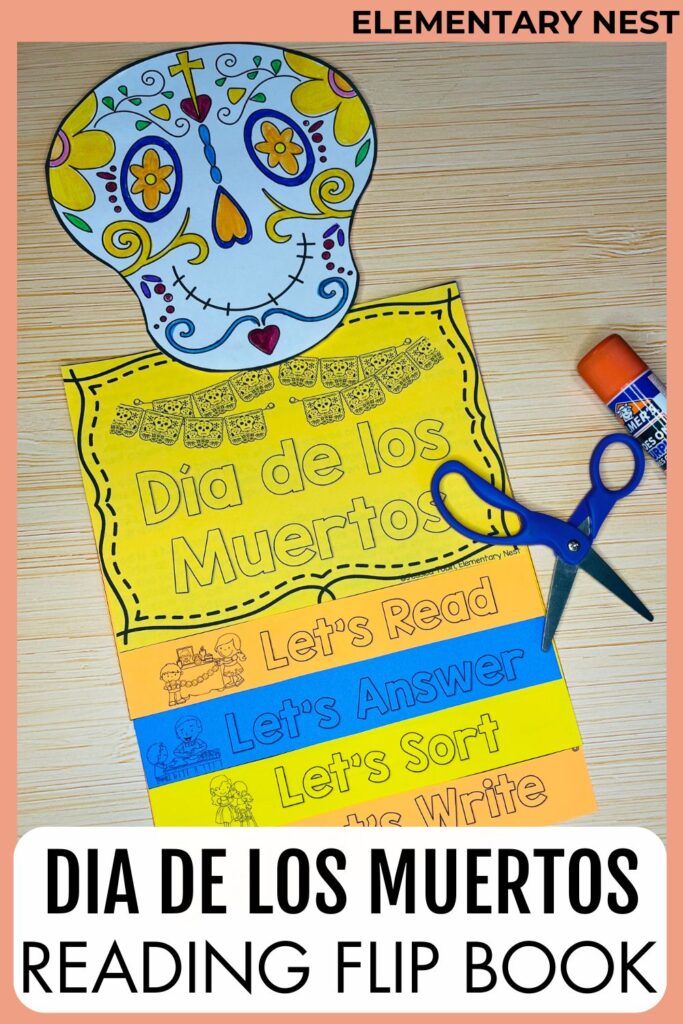 Dia de los Muertos reading flip book with sugar skull craft and writing activities for students.