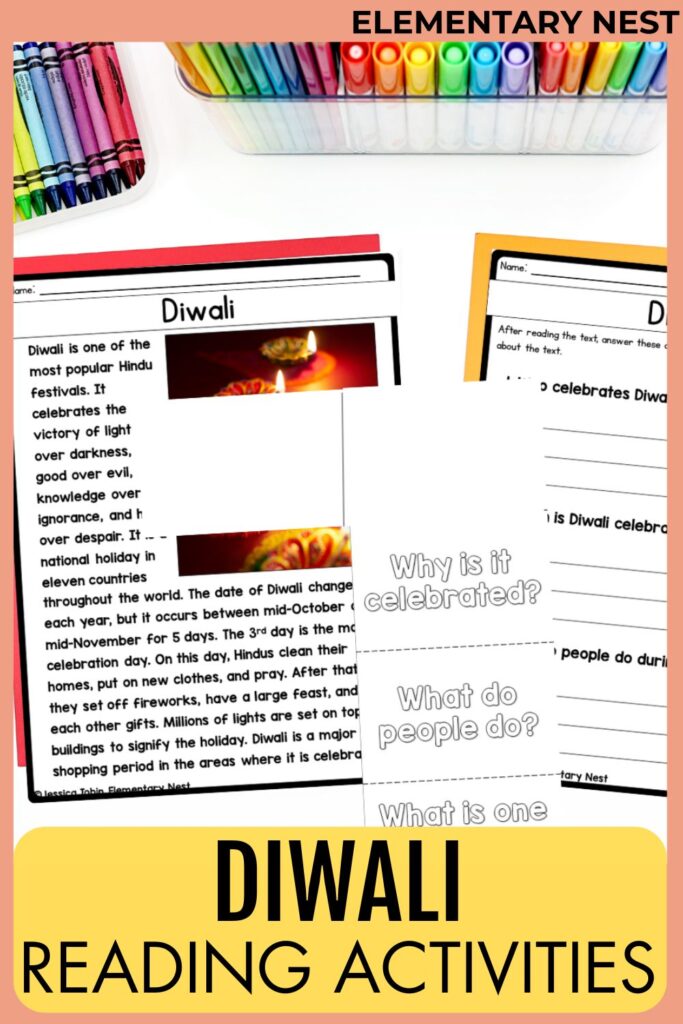 Diwali reading comprehension worksheets and activities for elementary students.