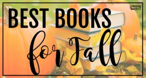 A classroom fall-themed image with pumpkins, colorful leaves, and a stack of books with the title "Best Books for Fall"