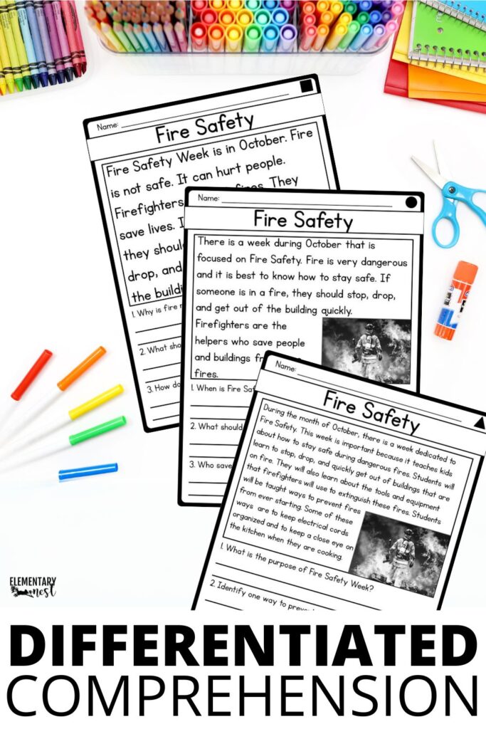 Differentiated fire safety comprehension passages and questions for kids.