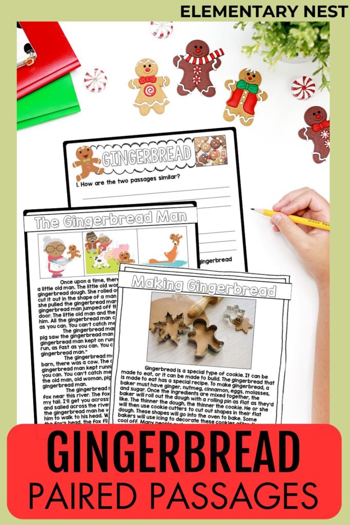 Gingerbread paired passages with comprehension questions and activities for December reading.