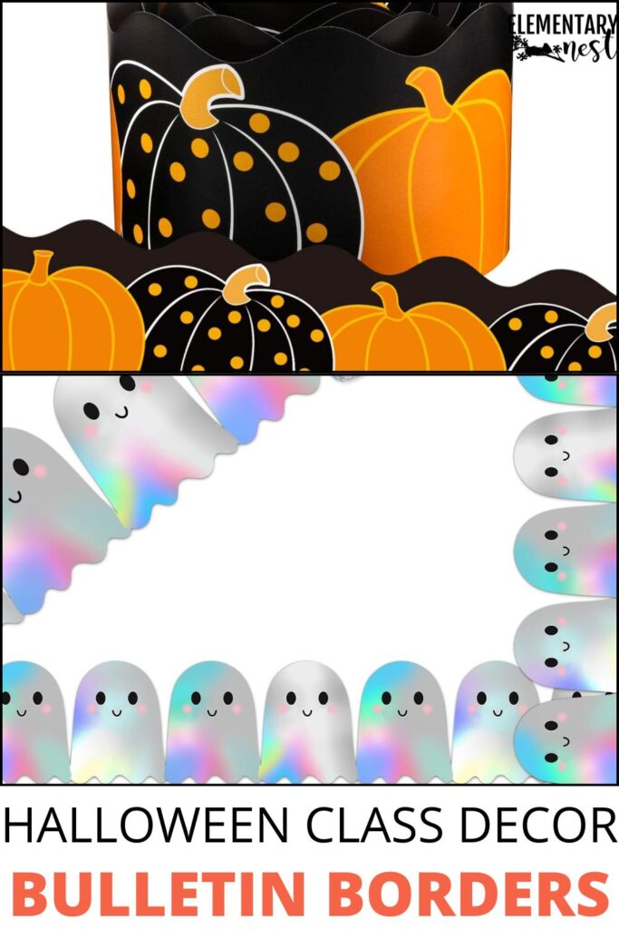 Halloween-themed bulletin board borders with pumpkins and ghosts