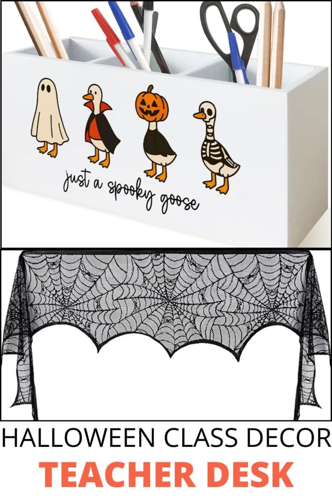 Halloween-themed teacher desk accessories including a spooky goose caddy and spiderweb table cover