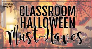 Halloween classroom decorated with pumpkins, spiderwebs, bats, and festive lighting