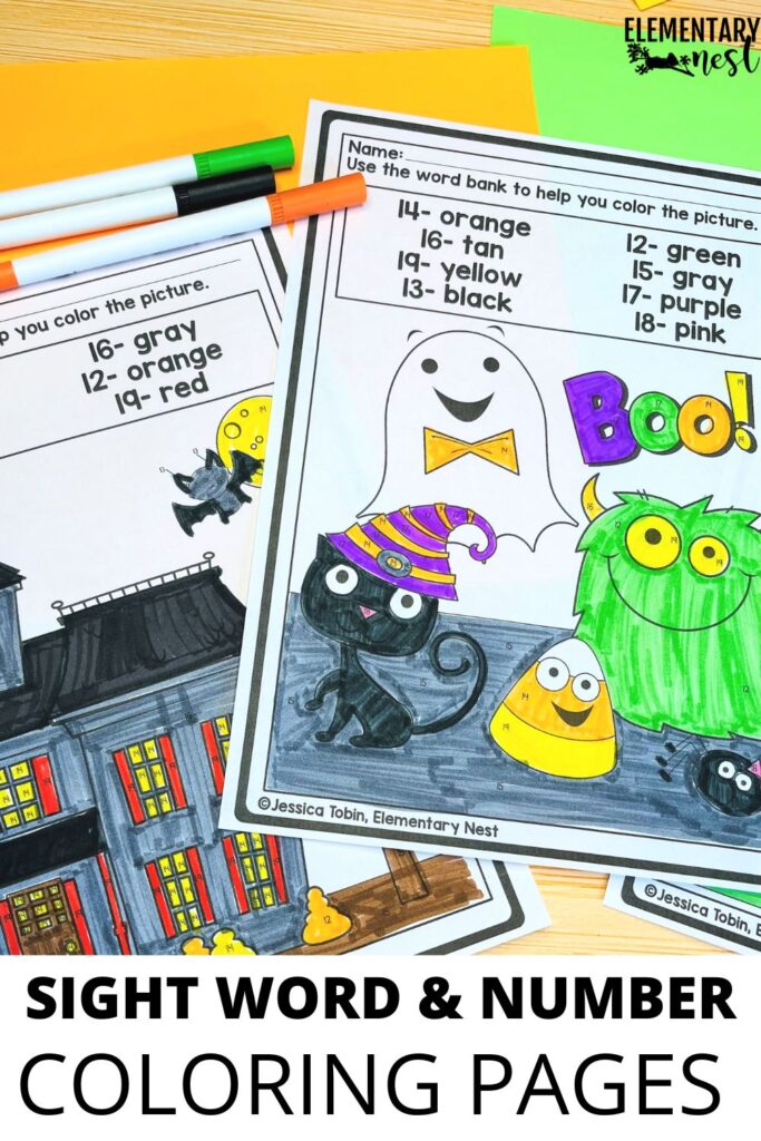 Halloween sight word and number coloring pages for elementary students.