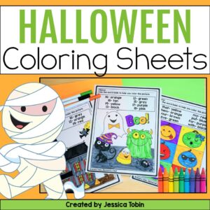 Halloween Coloring Sheets cover featuring a smiling mummy character and colorful Halloween-themed coloring pages with ghosts, pumpkins, and monsters.